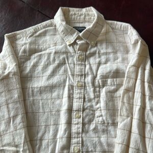 Club Monaco long sleeve button down, cream and brown plaid, medium, slim fit
